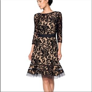 Tadashi Shoji black and tan lace dress size 2